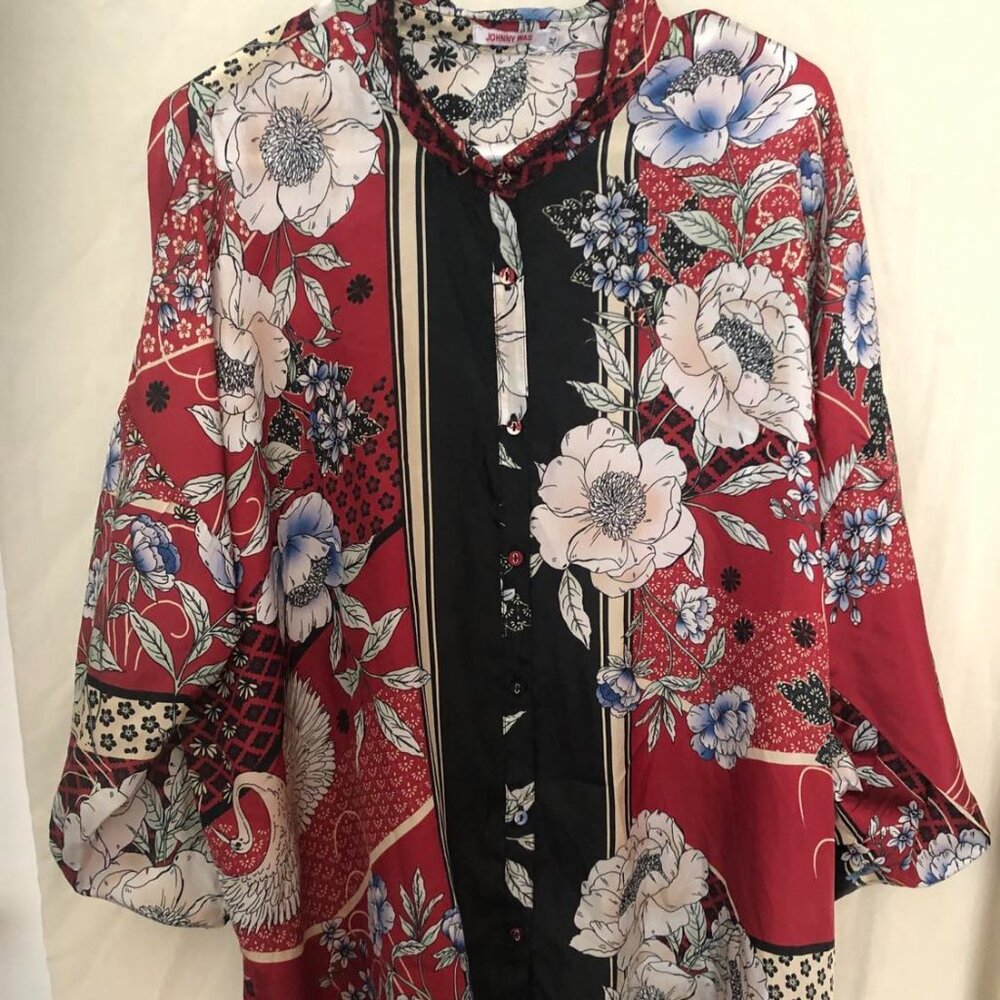 Johnny Was 100% Silk Crane Mallory Button Down Shirt Size XL Mandarín Collar